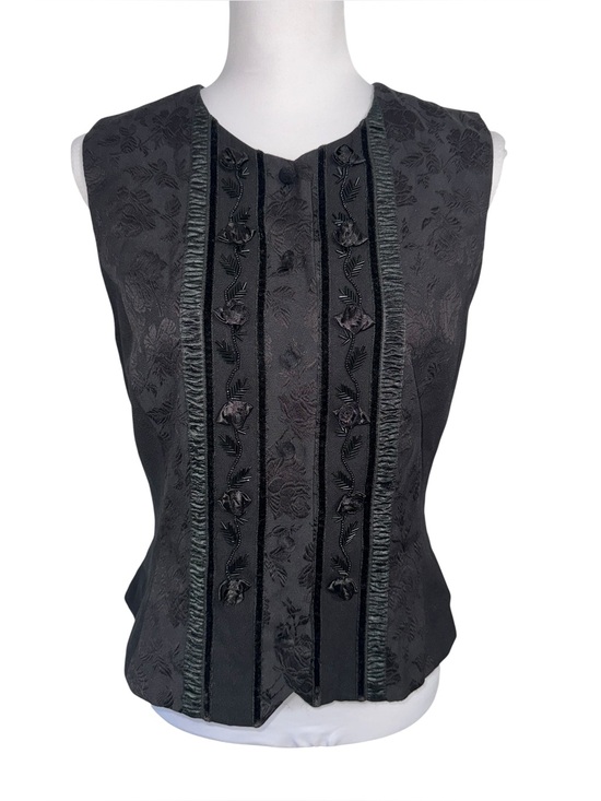Susan Bristol Jackets & Blazers - VTG Susan Bristol Black Floral Jacquard Button Front Beaded Vest Vintage Womens